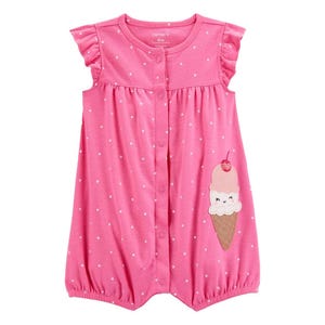 Pink short-sleeve romper with white polka dots, featuring button closure and an ice cream cone applique with a smiley face.