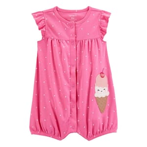 Pink short-sleeve romper with white polka dots, featuring button closure and an ice cream cone applique with a smiley face.