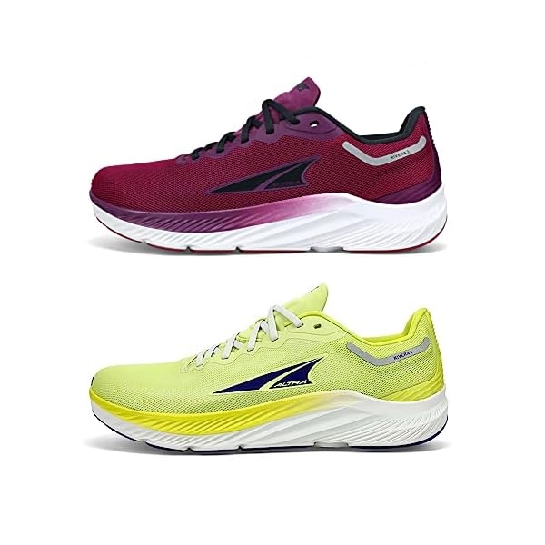 Two pairs of running shoes, one in purple and the other in bright yellow, showcasing a streamlined design and prominent logos.