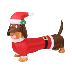 Inflatable dachshund dressed in a Santa suit with a hat, featuring a festive holly decoration.