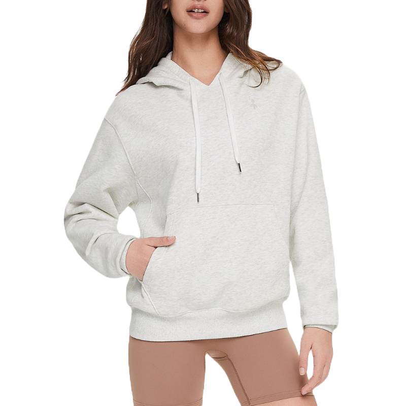 A light gray oversized hoodie with a front kangaroo pocket, adjustable drawstrings, and ribbed cuffs and hem, paired with brown leggings.