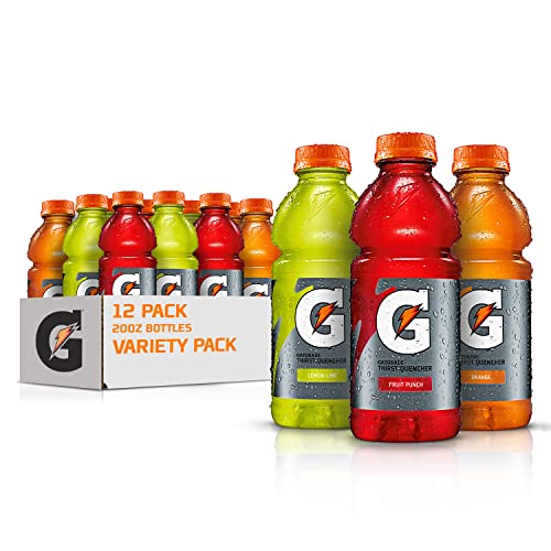 A 12-count variety pack of 20oz Gatorade bottles, showcasing three different flavors: Lemon-Lime, Fruit Punch, and Orange.