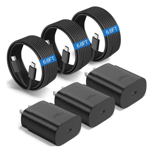 Three USB-C charging cables, each 6.6 feet long, are displayed alongside three black wall adapters labeled \“fast charging.\“ The cables and adapters appear to be suitable for charging compatible devices.