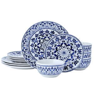 A set of blue and white porcelain dinnerware featuring intricate floral and geometric patterns, including plates and bowls.