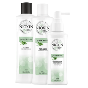 Nioxin Scalp Relief set includes a cleanser, scalp and hair conditioner, and soothing serum, designed for sensitive scalps.