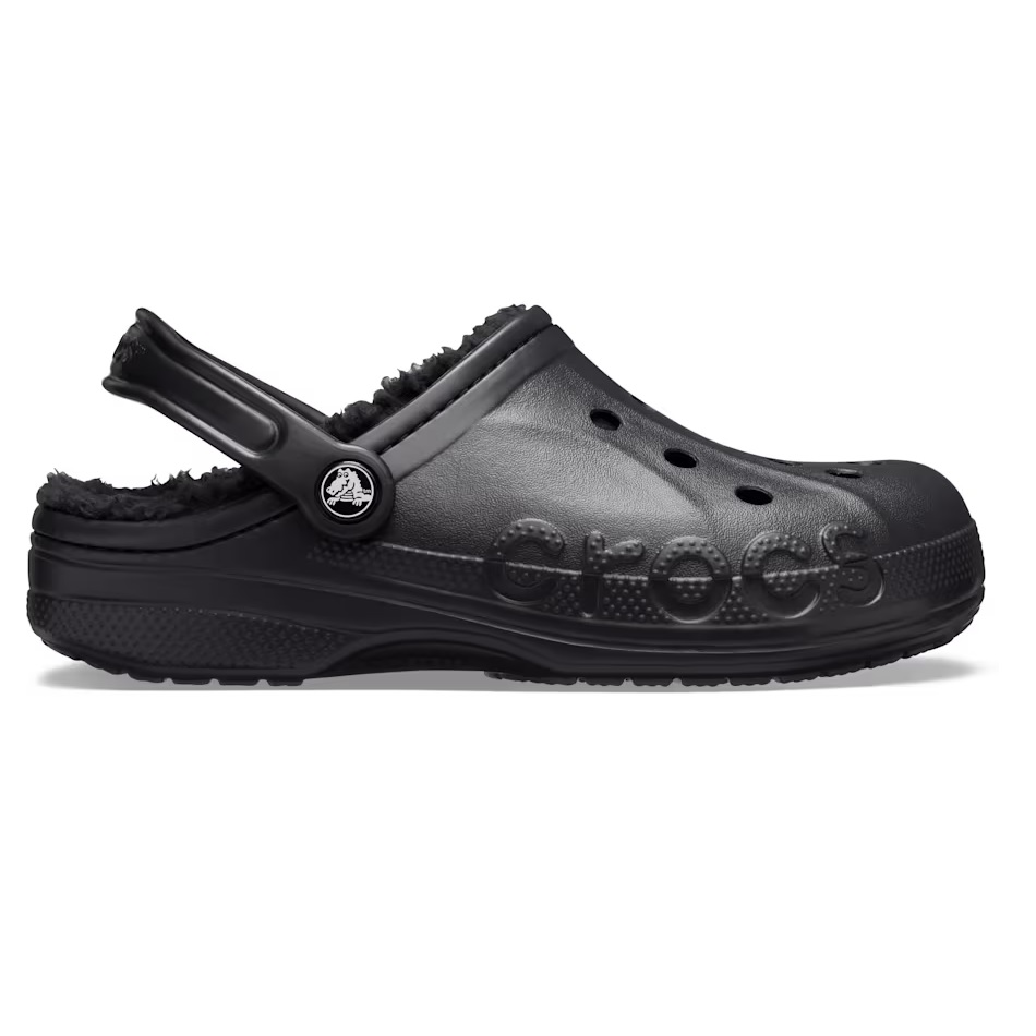 A black Crocs clog with a fleece lining and a back strap, featuring the Crocs logo embossed on the side.