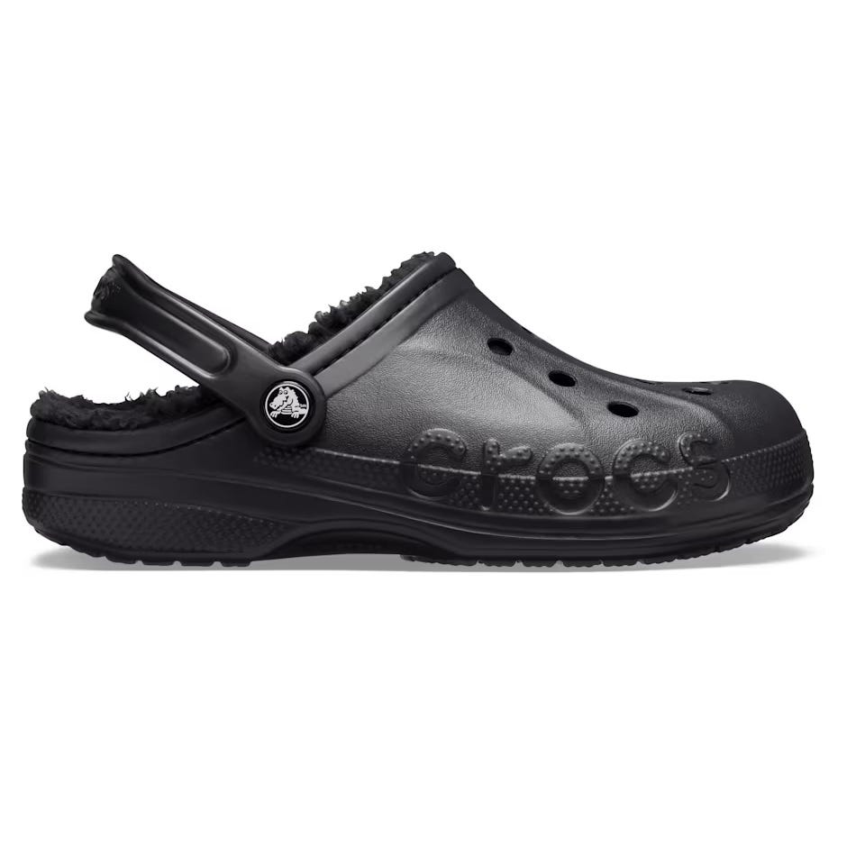 A black Crocs clog with a fleece lining and a back strap, featuring the Crocs logo embossed on the side.