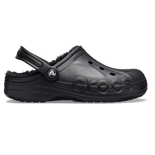 A black Crocs clog with a fleece lining and a back strap, featuring the Crocs logo embossed on the side.