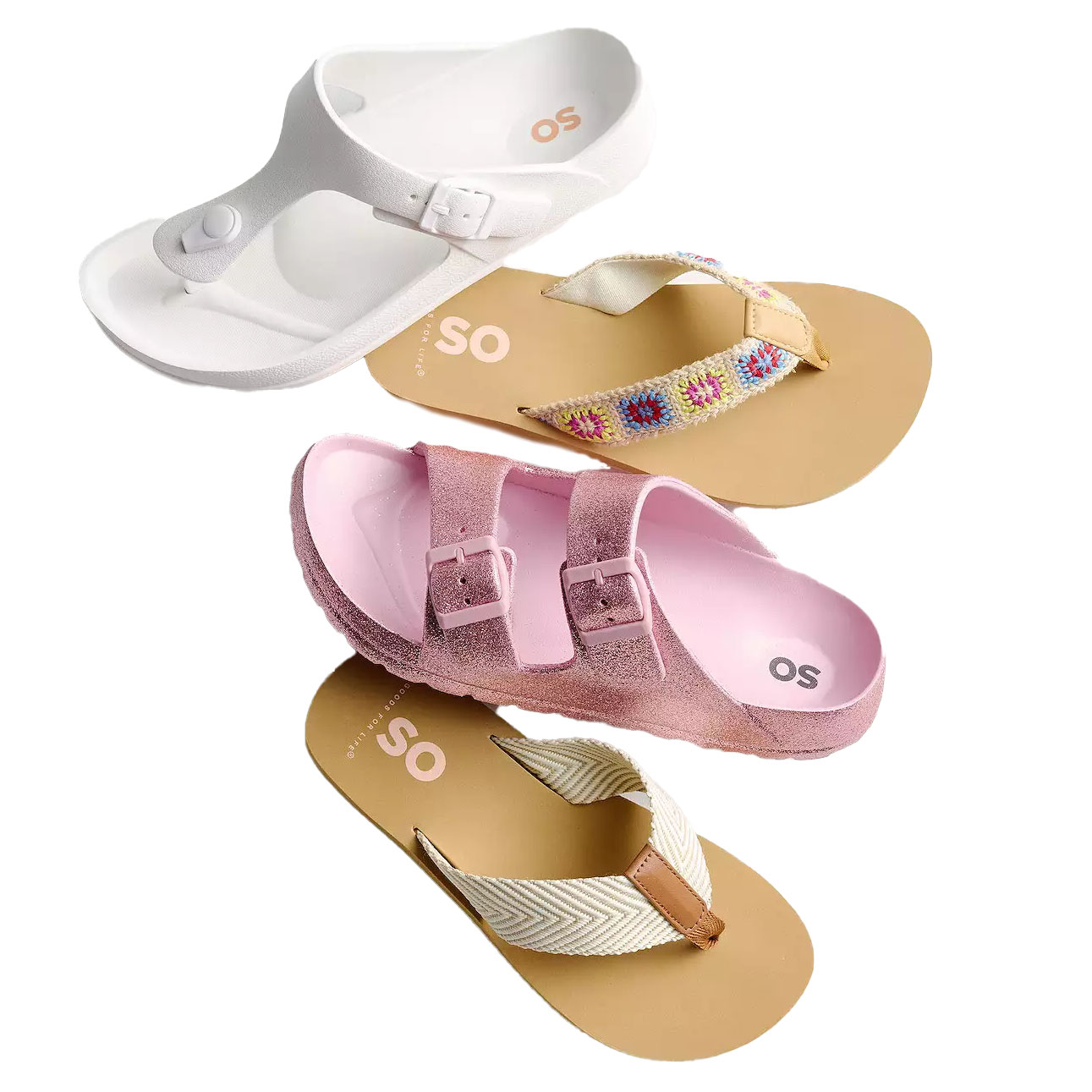 A collection of sandals includes a white thong with an adjustable strap, a tan flip-flop with colorful crochet detailing, a pink double-buckle slide with textured finish, and a tan flip-flop with a woven herringbone strap.