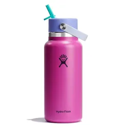 A pink Hydro Flask bottle with a purple lid, teal straw, and carrying handle is shown.