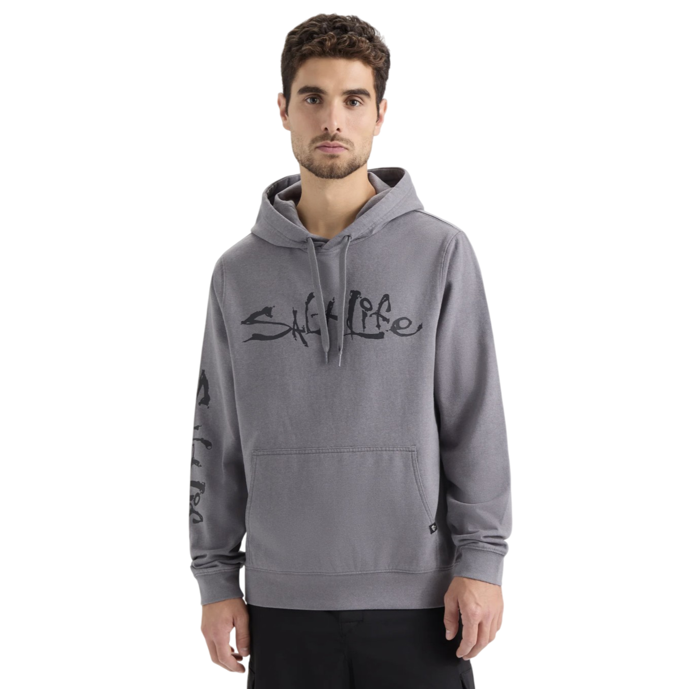 Gray hoodie with \“Salt Life\“ text on the chest and sleeve, worn by a man with a neutral expression.