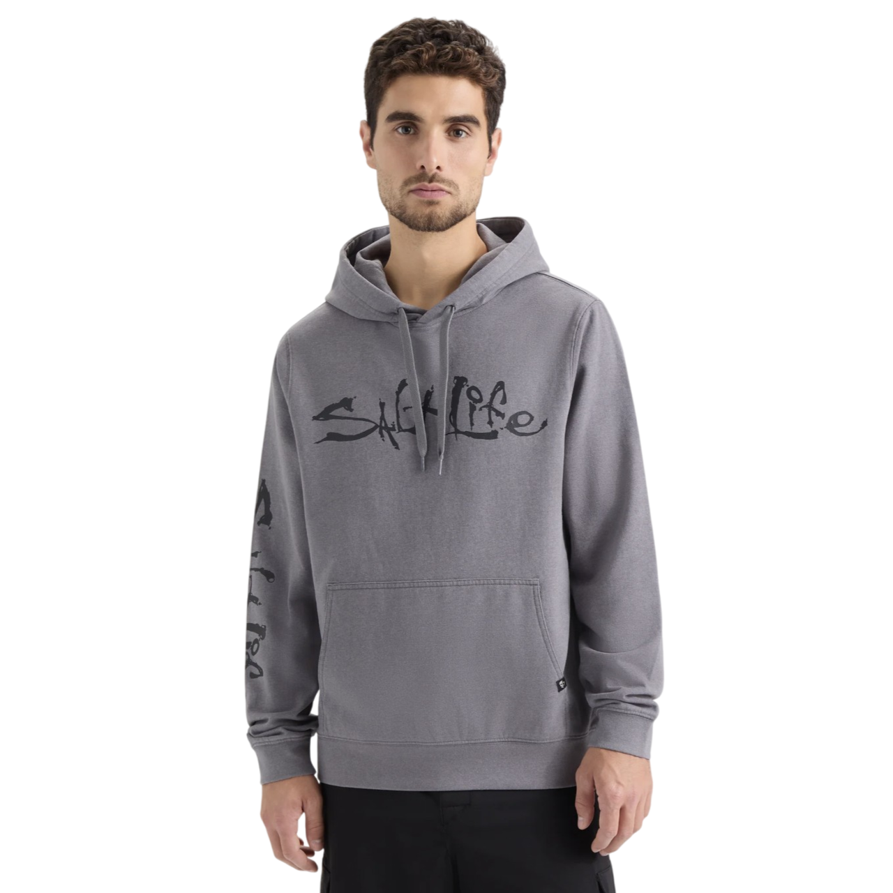 Gray hoodie with \“Salt Life\“ text on the chest and sleeve, worn by a man with a neutral expression.