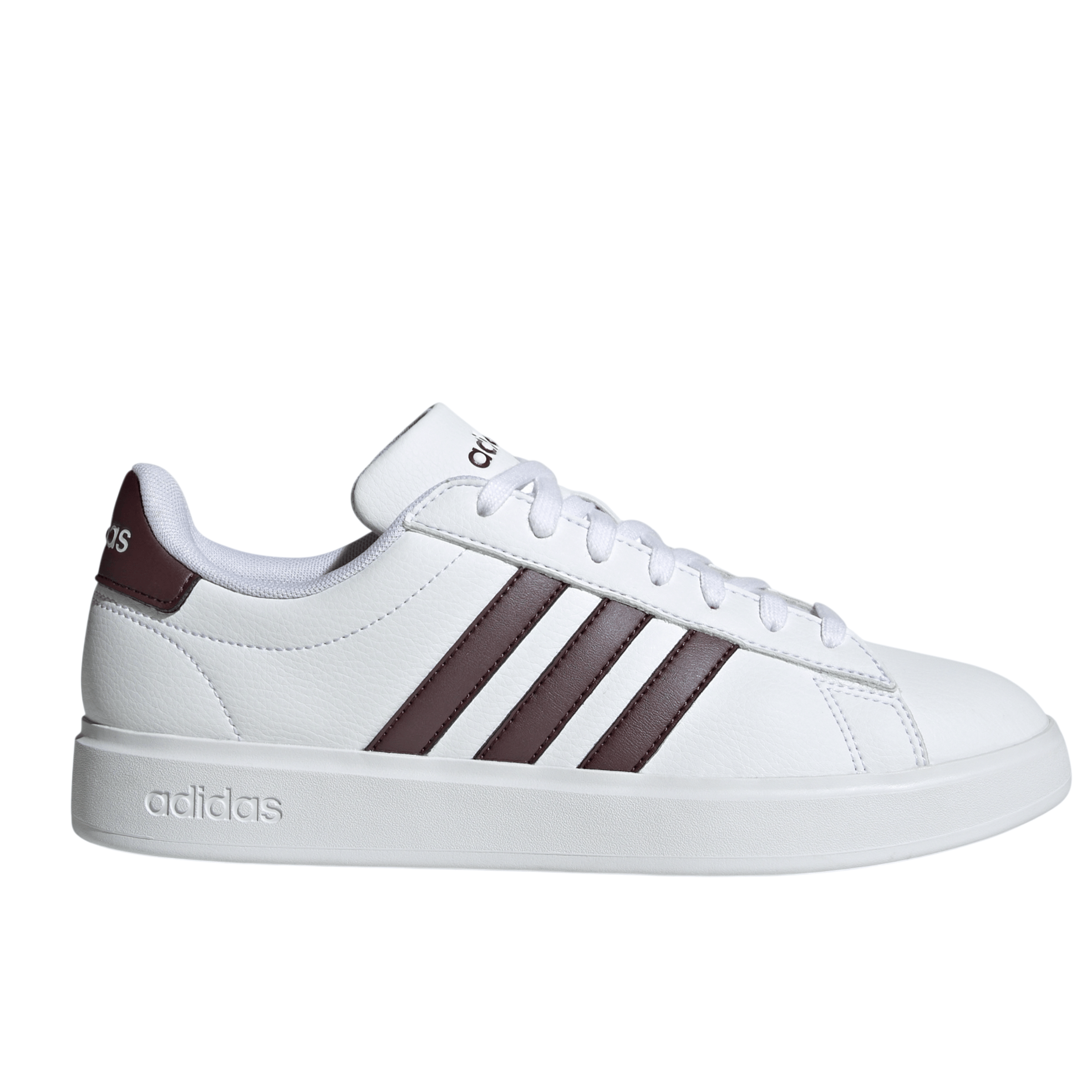White Adidas sneaker with brown stripes and branding on the heel and tongue, featuring a clean, minimalist design.
