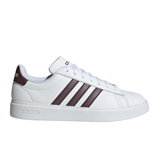 White Adidas sneaker with brown stripes and branding on the heel and tongue, featuring a clean, minimalist design.