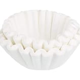 A stack of white, fluted coffee filters typically used in drip coffee makers.