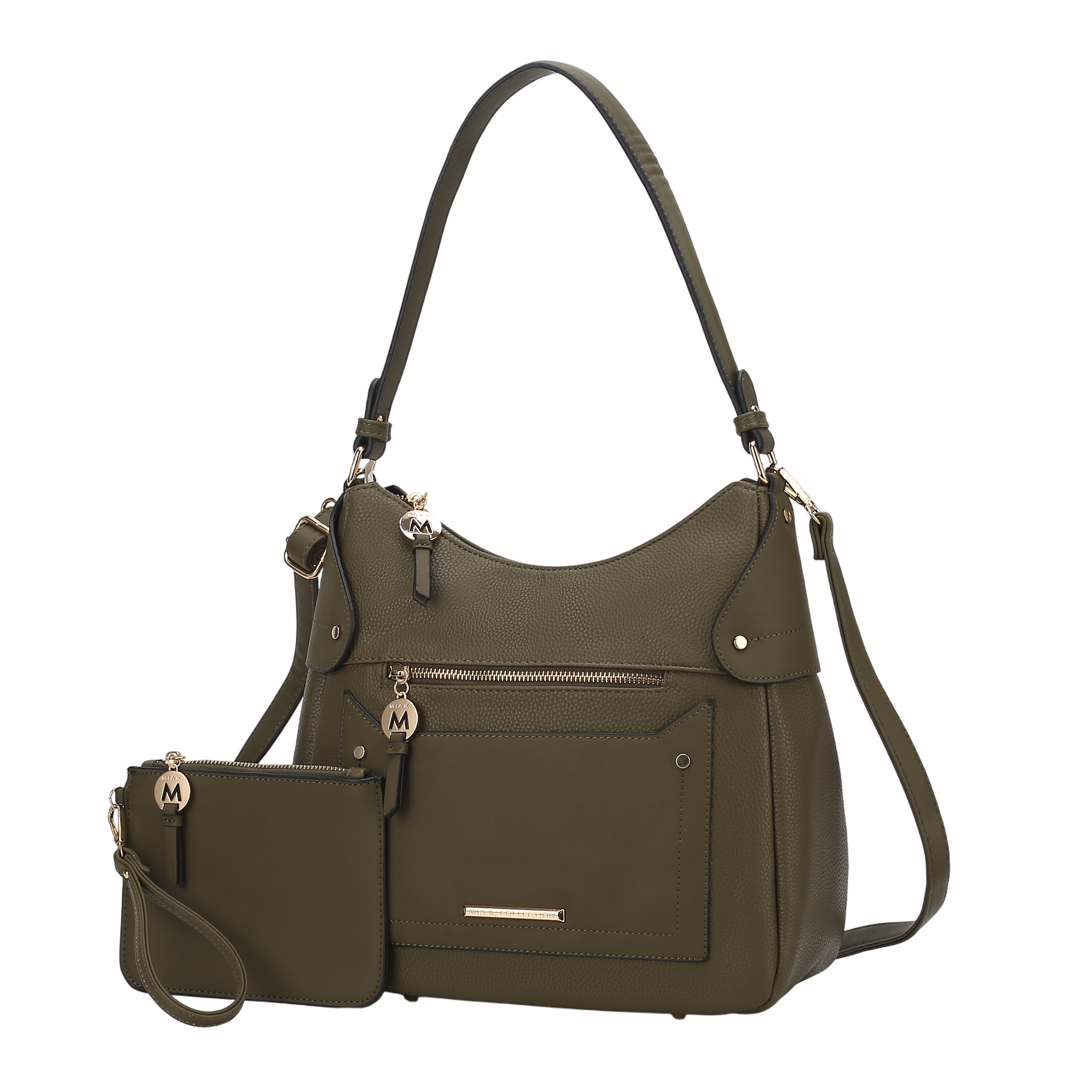 Olive-green shoulder bag with a front zipper pocket and detachable pouch, featuring gold-tone hardware and initial charms \“M\“ on both the bag and pouch.