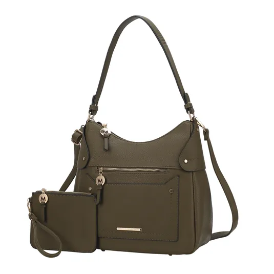 Olive-green shoulder bag with a front zipper pocket and detachable pouch, featuring gold-tone hardware and initial charms \“M\“ on both the bag and pouch.