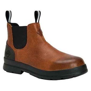 Muck Men's Leather Work Boots feature a brown leather upper with black elastic side panels, pull tabs for easy on-and-off, and a sturdy black rubber sole designed for durability and comfort.