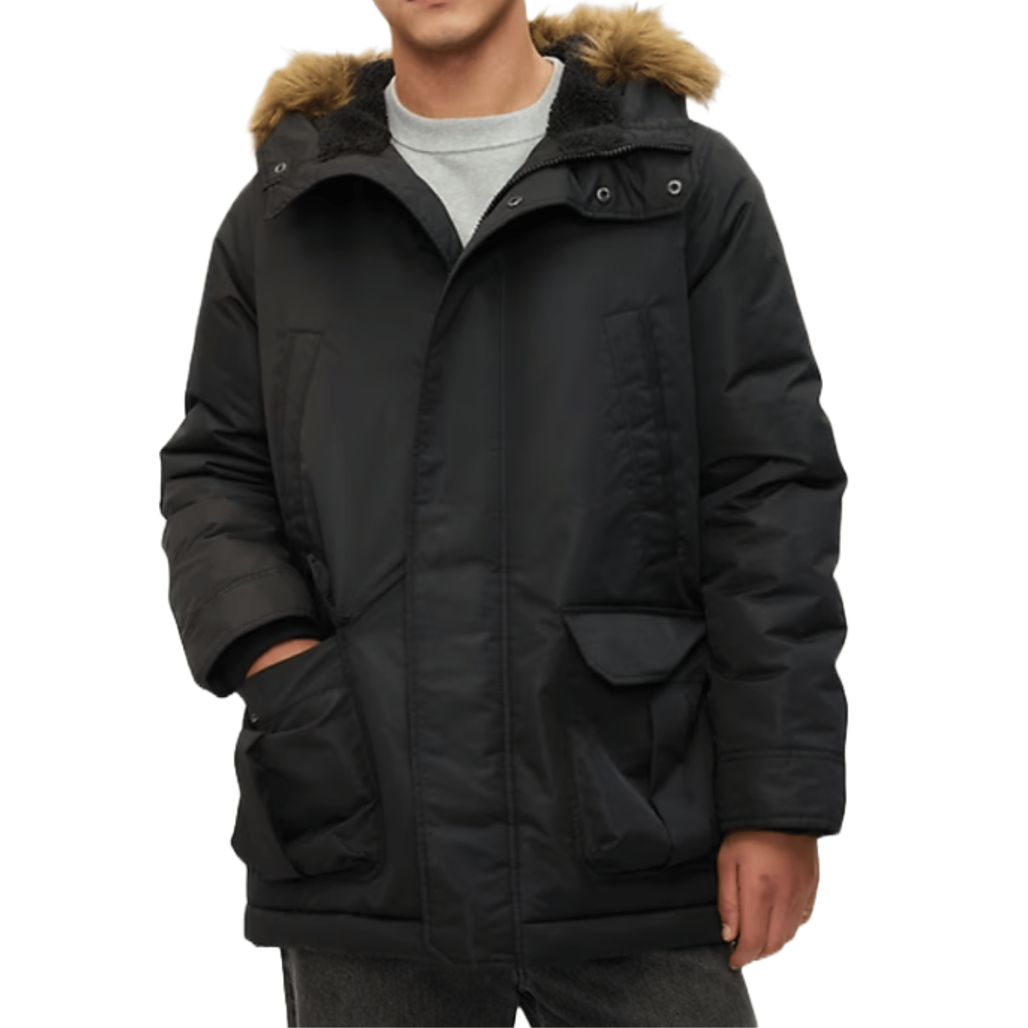 A black parka-style coat with a faux fur-lined hood, large front pockets, and a zip closure, designed for warmth and insulation.