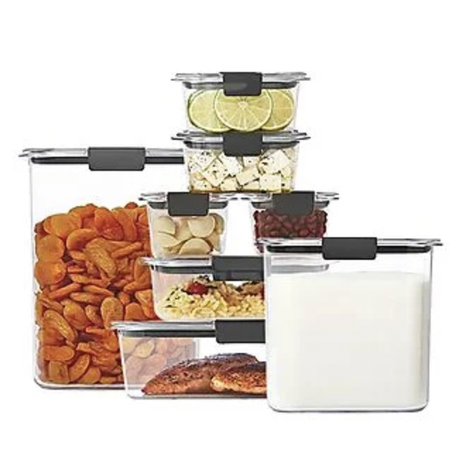 The 8pc Rubbermaid Food Storage Set includes stackable, clear containers with black clip-on lids, ideal for organizing assorted foods like slices of lime, cheese, beans, nuts, rice, and baked goods.