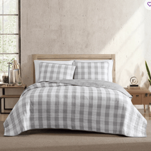 A neatly made bed with a gray and white plaid bedding set, including a quilt and matching pillow shams. The room features a natural wood headboard, a potted plant, a small desk with decor items, and a suitcase-style nightstand.