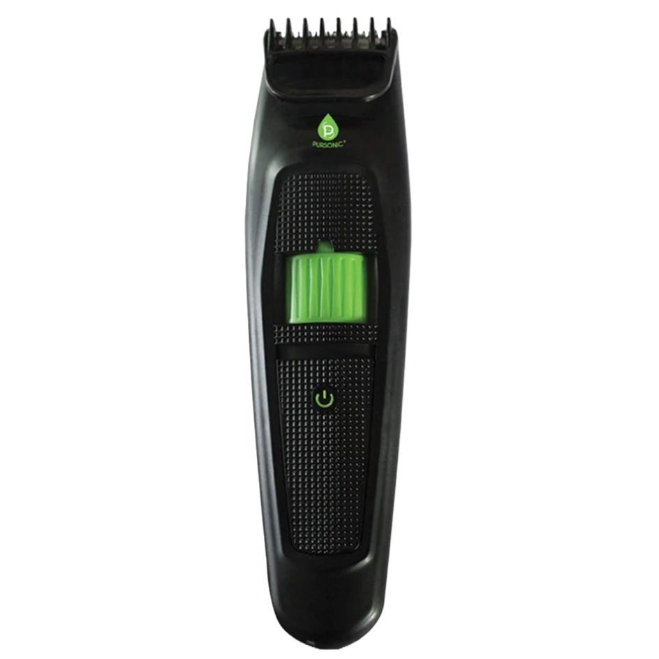 The Pursonic Beard & Body Trimmer is a black grooming device with a textured grip, featuring a green power button and adjustable comb for trimming.