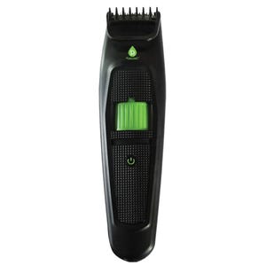 The Pursonic Beard & Body Trimmer is a black grooming device with a textured grip, featuring a green power button and adjustable comb for trimming.