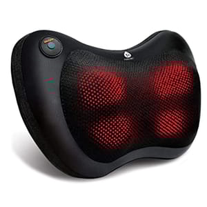 A black, curvy, heated neck and back massager with four red, glowing nodes under mesh fabric and an on/off button on the side.