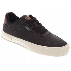 A black casual sneaker with a white sole featuring black laces, a brown heel accent, and branded detailing on the side.