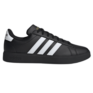 A black Adidas sneaker with three white stripes on the side, featuring a black sole and black laces.