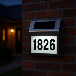 Solar-powered LED house number sign displaying \“1826\“ mounted on a brick wall, illuminating the numbers for visibility at night.