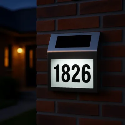 Solar-powered LED house number sign displaying \“1826\“ mounted on a brick wall, illuminating the numbers for visibility at night.