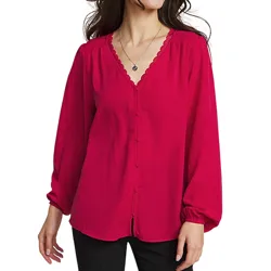 Red long-sleeve blouse with a V-neckline featuring scalloped trim, button-up front, and gathered cuffs. Paired with black pants.