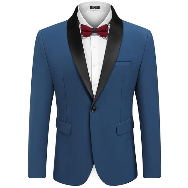 A slim-fit blue tuxedo jacket with a black satin shawl lapel, paired with a white shirt and burgundy bow tie. It features a single-button closure and flap pockets.