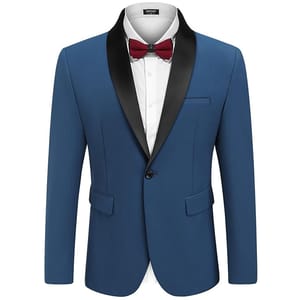 A slim-fit blue tuxedo jacket with a black satin shawl lapel, paired with a white shirt and burgundy bow tie. It features a single-button closure and flap pockets.