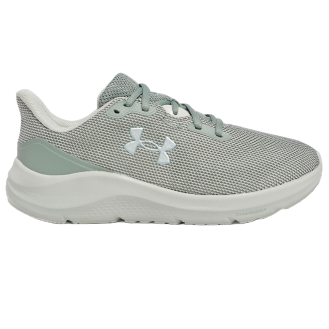 Under Armour running shoe with a light gray mesh upper, white midsole, and the company's logo on the side.