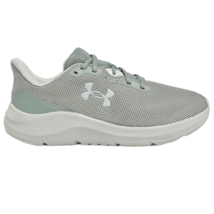 Under Armour running shoe with a light gray mesh upper, white midsole, and the company's logo on the side.
