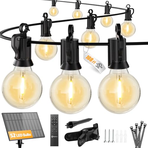 Outdoor solar string lights with 52 LED bulbs, 108-foot length, solar panel, remote control, mounting hardware, and cable ties.