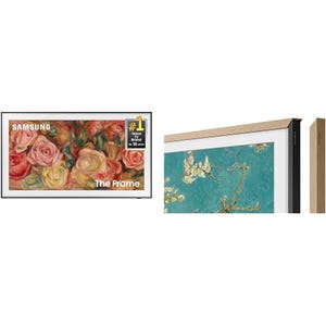 Samsung The Frame TV shown with customizable bezels that display art, blending into home decor.