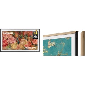 Samsung The Frame TV shown with customizable bezels that display art, blending into home decor.