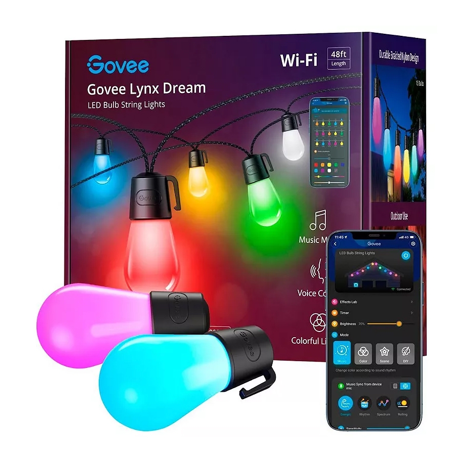 Govee Lynx Dream LED Bulb String Lights, 48ft, featuring Wi-Fi connectivity, music mode, voice control, and colorful lighting options for outdoor use.