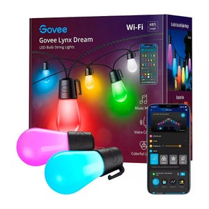 Govee Lynx Dream LED Bulb String Lights, 48ft, featuring Wi-Fi connectivity, music mode, voice control, and colorful lighting options for outdoor use.
