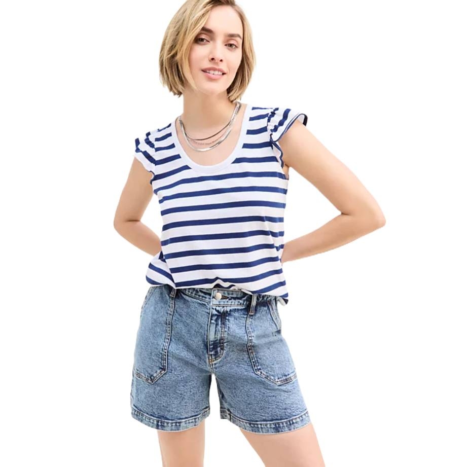 High-rise denim shorts feature a light wash with structured cuffs and visible stitching. They have a button closure, front pockets, and a relaxed fit for a casual look.