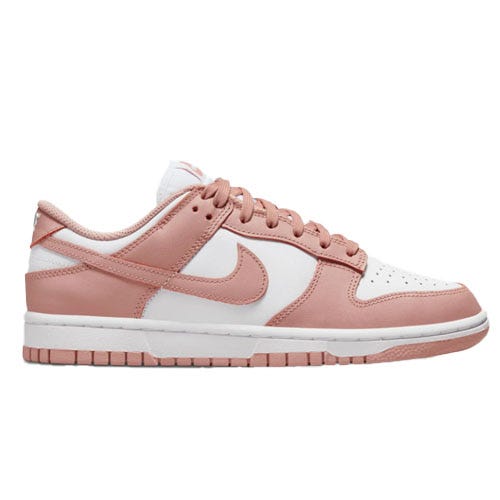 Nike Dunk Low sneaker in a peach pink and white colorway.