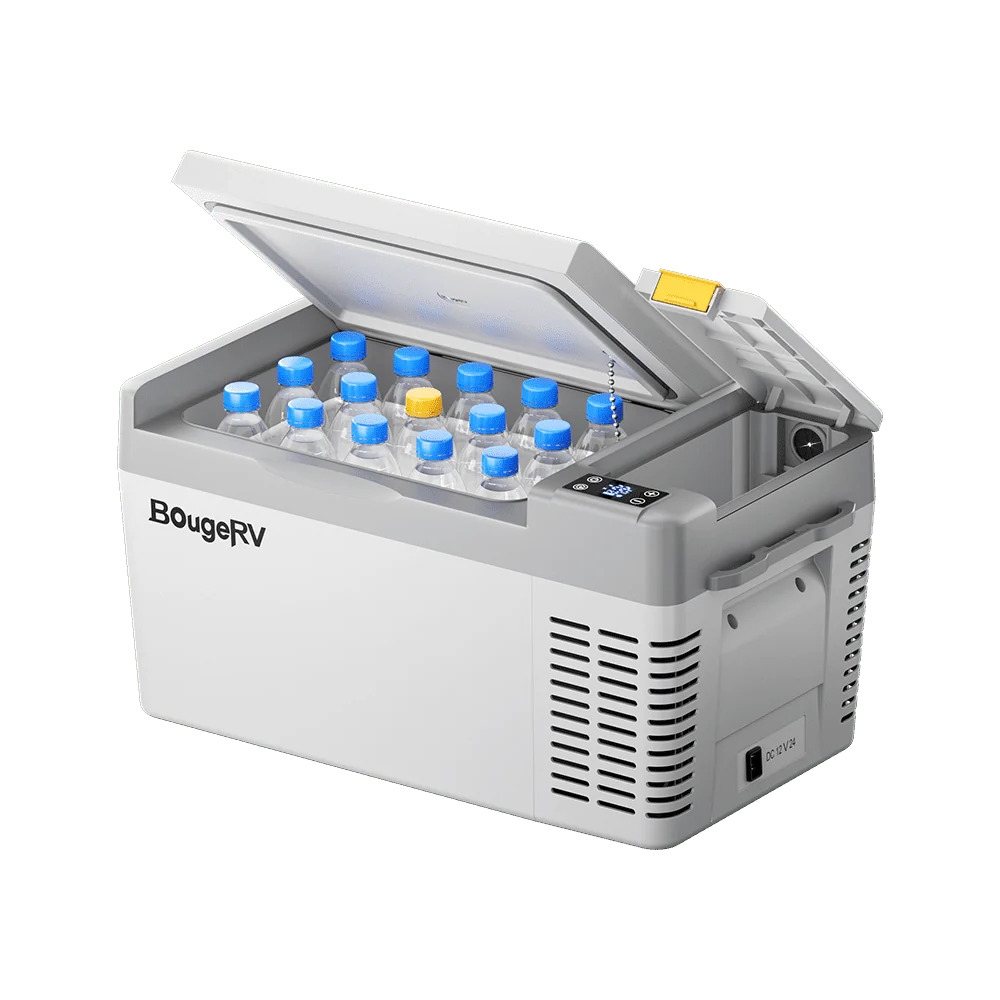 A portable BougeRV refrigerator containing water bottles with blue and yellow caps, featuring a digital control panel on the front.