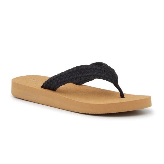 A flip-flop sandal with a tan sole and a black braided thong strap.