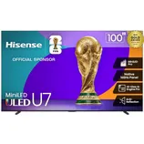 Hisense ULED U7 TV with a 100-inch MiniLED Pro display, Native 165Hz Panel, Hi-View AI Engine Pro, and Anti-Reflection. Official sponsor of the FIFA World Cup, awarded BGR Gold Award 2025.