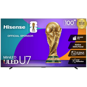 Hisense ULED U7 TV with a 100-inch MiniLED Pro display, Native 165Hz Panel, Hi-View AI Engine Pro, and Anti-Reflection. Official sponsor of the FIFA World Cup, awarded BGR Gold Award 2025.