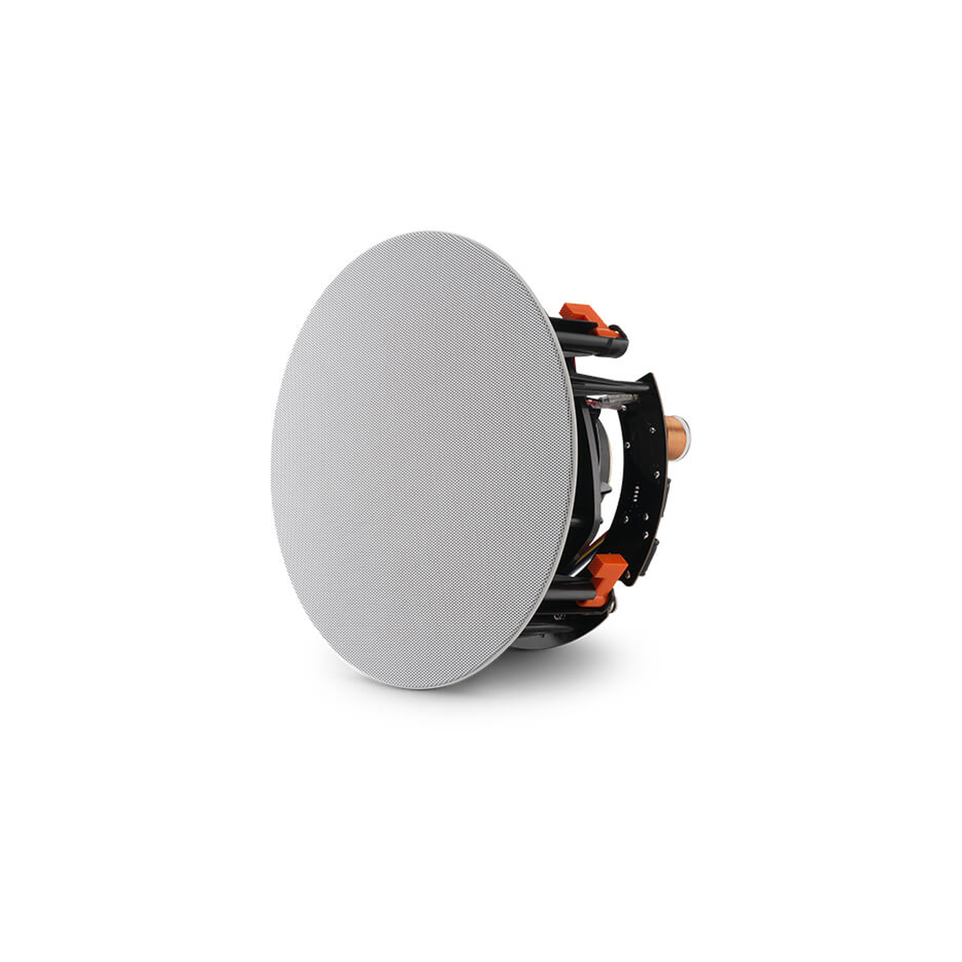 JBL Ceiling Speaker with a round design features a perforated white grille, black housing, and orange accents, designed for recessed installation into ceilings for discreet audio integration.