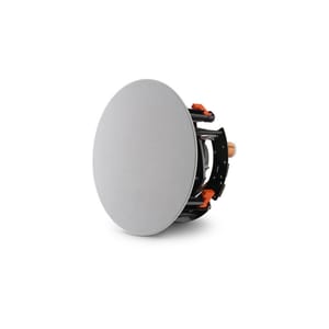 JBL Ceiling Speaker with a round design features a perforated white grille, black housing, and orange accents, designed for recessed installation into ceilings for discreet audio integration.